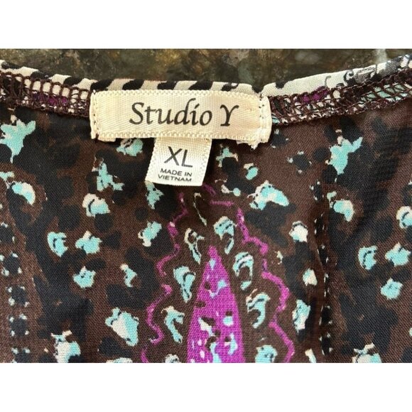 Studio Y Sheer Floral Paisley Beaded Blouse V Neck Sz XL Purple Whimsigoth - Picture 9 of 11